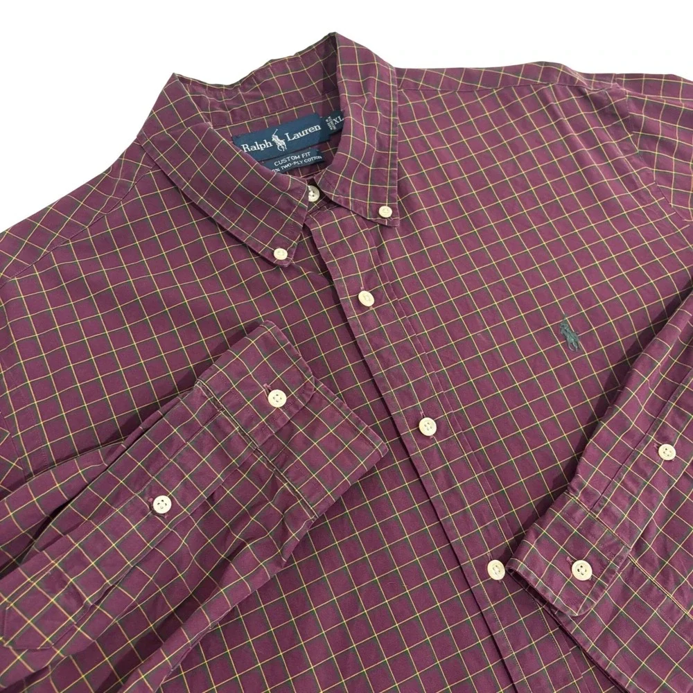 Ralph Lauren Button Down Shirt Mens XL Burgundy Check Custom Fit Two-Ply Cotton